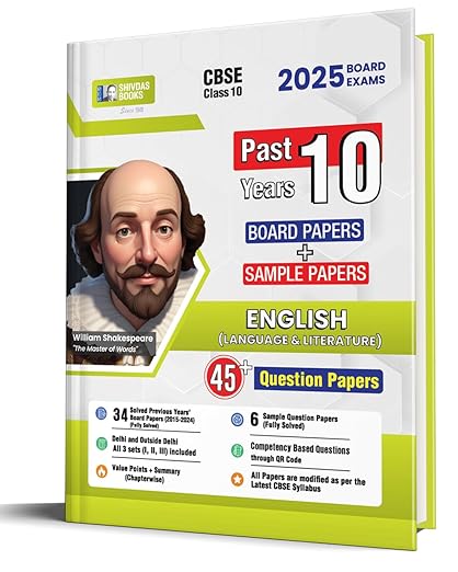 Shivdas CBSE Class 10 Previous 10 Years Solved Papers (2015-2024) Fully Solved English Language and Literature 10+ CBSE Sample Papers Delhi and OD All Sets (I,II,III) for 2025 Board Exams | Latest Syllabus