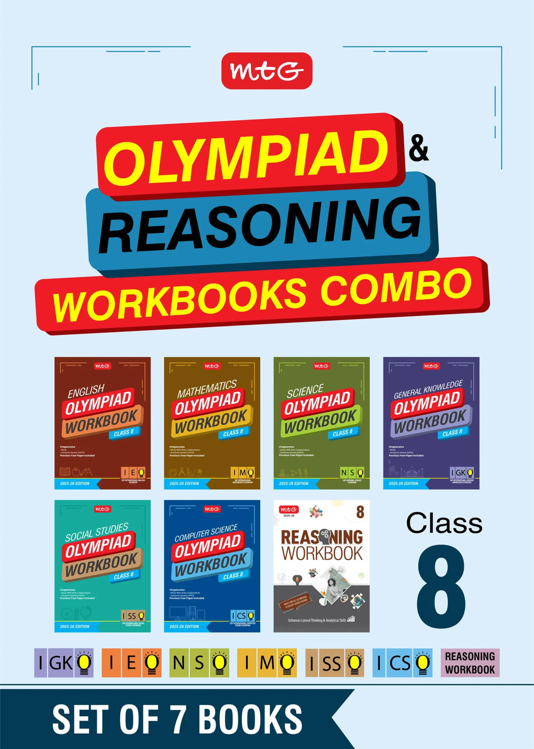 NSO-IMO-IEO-ICSO-IGKO-ISSO Olympiad Workbook and Reasoning Book Combo Class 8 (Set of 7 Books) | MCQs, Previous Years Paper & Achievers Section – SOF Olympiad Preparation Books For 2025-26 Exam