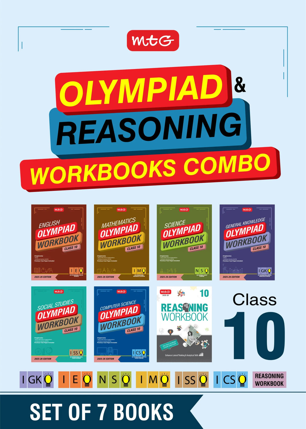 NSO-IMO-IEO-ICSO-IGKO-ISSO Olympiad Workbook and Reasoning Book Combo Class 10 (Set of 7 Books) | MCQs, Previous Years Paper & Achievers Section – SOF Olympiad Preparation Books For 2025-26 Exam
