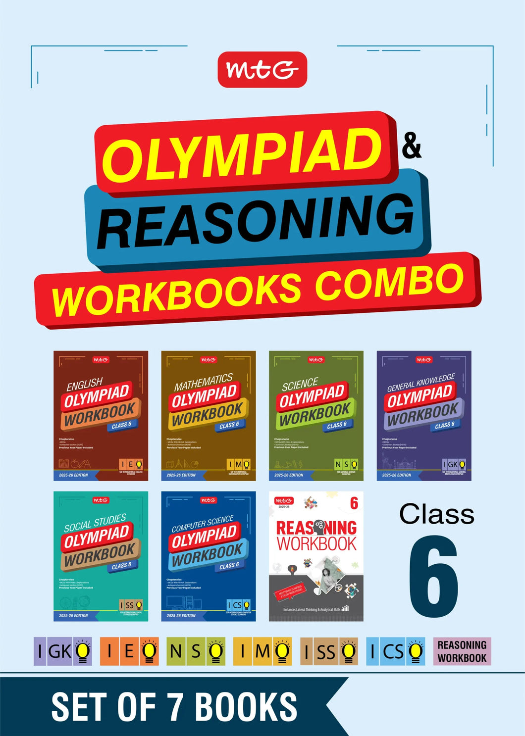 NSO-IMO-IEO-ICSO-IGKO-ISSO Olympiad Workbook and Reasoning Book Combo Class 6 (Set of 7 Books) | MCQs, Previous Years Paper & Achievers Section – SOF Olympiad Preparation Books For 2025-26 Exam