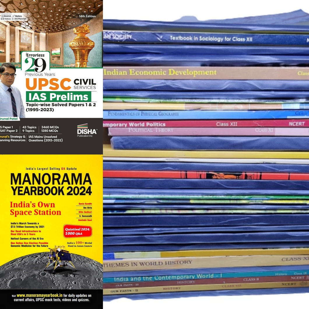 UPSC Kit with 39 NCERT Books Set(100% original) & Manorama Yearbook + 29 Years solved papers (English medium)