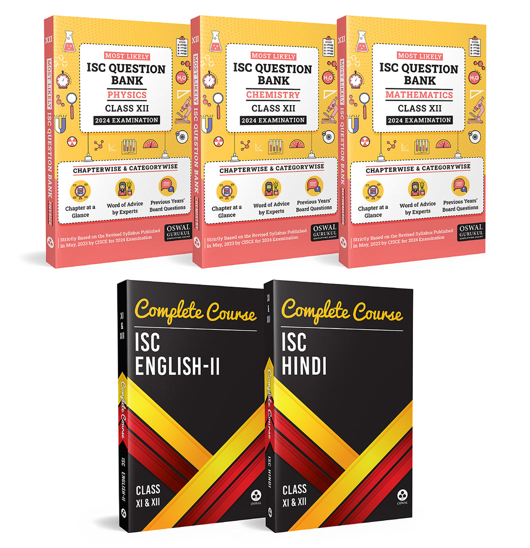 Oswal-Gurukul Most Likely ISC Question Bank Class 12 Bundles (Set of 5) :  Physics, Chemistry, Maths, Complete Course English II & Hindi for Exam 2024