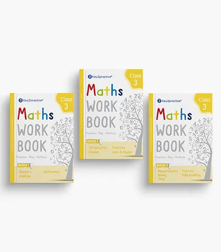 Key2Practice Maths Workbook For Class 3 (Set of 3) : 272 Activity Based Worksheets Combo of (Numbers, Addition, Subtraction, Multiplication, Division, Fractions, Lines & Shapes, Measurements, Money, Time, Patterns, Data Handling)