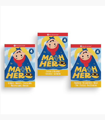 Key2Practice Maths Hero Workbook Class 4 (Set of 3) : Worksheets of Numbers, Addition, Subtraction, Multiplication, Division, Factions, Geometry, Perimeter, Measurements, Money, Time, Patterns, Data