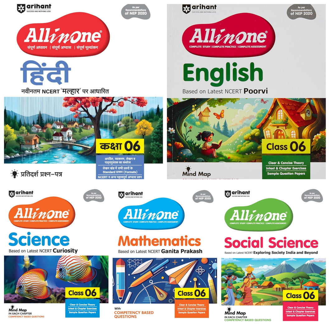 Arihant All In One Science, Social Science, Mathematics, English and Hindi Class 6th Based On Latest NCERT For CBSE Exams 2025 | Mind map | All type of Questions, MCQs, Extract Based, VSA, SA & LA (Set of 5 Books)