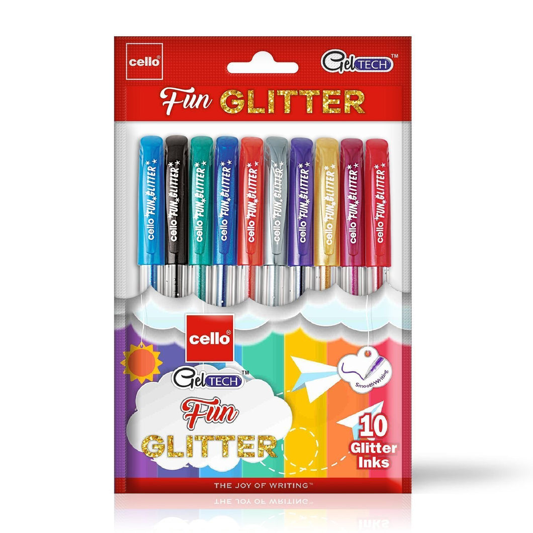 Cello Geltech Fun Glitter Gel Pen (Pack of 10 pens in Multicolour ink) | Glitter gel pens for art lovers & kids | Sparkle ink in gel pens