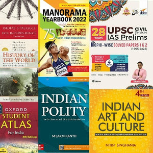 UPSC preparation books set including atlas, manorama, nitin singhania, M.Laxmikant, Mrunal patel and arjun dev