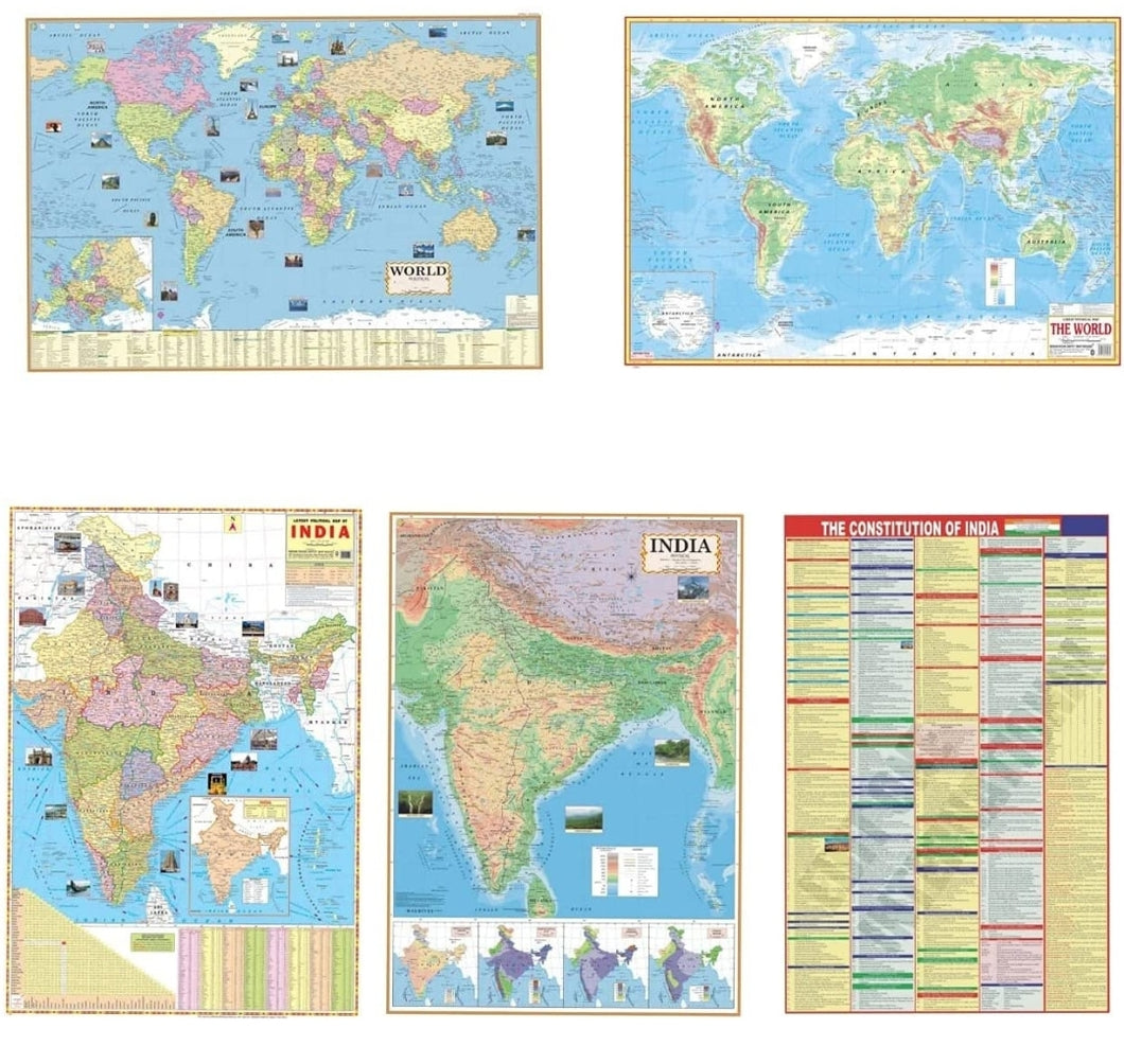 India & World Map ( Both Political & Physical ) with Constitution of India Chart| Set Of 5 | Useful for UPSC and other exams